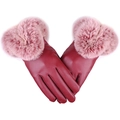 Wasserdichte rote Lederhandschuhe für Damen mit rosa Plüschmanschetten für den Winter - Einheitsgröße / Weinrot (Damen Pelzbündchen)