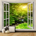 Detailed 3D landscape tapestry showing a forest stream view through a white window frame - Sunlit Forest Stream (GT805-8) - Brushed Fabric / 73X95CM