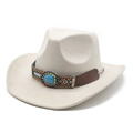 Détail d'un chapeau de cow-boy avec bandeau bohème en turquoise et sangle tressée - M (56-59cm) / Blanc Cassé Suède