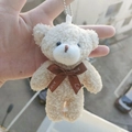 Plush cream bear keychain with brown Love ribbon and silver bead chain accessory - Coffee LOVE Bowtie Bear