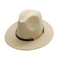 Detailed macro view of the cream wool felt fedora featuring a gold chain and black band - One Size / Beige