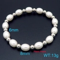 Bracciale con perle ovali in plastica bianca da 6 mm e 8 mm e sfere in metallo argentato - Perle in Acciaio Inossidabile Argento Con Perla Bianca (Diametro 6mm/8mm) (KB202760-Z)