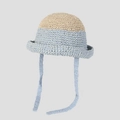 Sombrero de sol tejido de diseño japonés con cintas azules y textura transpirable - M / Beige y Azul