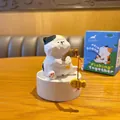 Creative resin calico cat figurine with fishing rod on white pedestal in blue gift box - Fishing Cat Series - Calico Cat