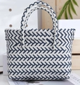 Detail of blue and white hand-woven basket featuring sturdy round handles and textured finish - Medium (No Bow) / Navy Blue White