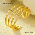 Macro view of gold multilayer open cuff bracelet with wavy texture and dimensions - Four-layer Wave (NMSB-F549-1)