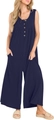 Donkerblauwe mouwloze jumpsuit met wijde pijpen, geribbelde textuur en knoopdetails - S / Marineblauw
