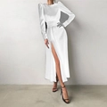 Elegante abito in raso bianco con maniche a sbuffo, pieghe in vita e spacco alto - US size 12 (L) / Avorio