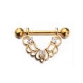 Golden filigree nipple ring with three clear gemstones and ball screw ends - Gold - Filigree Triple Zircon