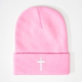 Pink ribbed knit beanie featuring a white cross embroidery and a wide folded cuff - Pink