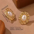 Gold-tone stainless steel rope-edged oval earrings with white faux pearl inlay - Stainless Steel Rope Pearl Oval