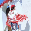 Ethnic style sun protection shawl with red and white floral print and tassel fringe - Red White Classic Print (Ethnic Style-16)