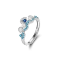Silver S925 open ring featuring blue gemstones and white freshwater pearls - Shell Open Ring (GPR23) / White Gold Plated