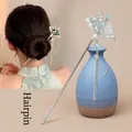 Chinese fan hair pin with teal glazed flowers, white pearls and long tassels - Faux Jade Silver Fan