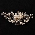 Handmade bridal hair comb with gold wire pearls and marquise crystals on black background - Gold