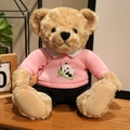 Classic light brown teddy bear plush in pink panda hoodie and dark blue trousers - Panda Holding Bamboo Hoodie Set / Pink
