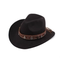 Detailed view of black felt cowboy hat featuring ethnic woven band and silver pendants - One Size 57-58cm / Black Ring Belt