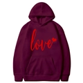 Women's burgundy hoodie featuring a red cursive love print and heart graphic design - S / Top (311) / Burgundy