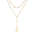 Gold double-layered stainless steel necklace featuring a pearl and letter Z pendant - Letter Z Style (NC-1930G-Z)
