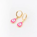 Gold hoop earrings featuring pink teardrop evil eye enamel charms on a white background - Waterdrop Style / Rose Red