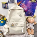 Cream canvas school backpack for students with cute pins and plush bear pendant - Beige (No Pendant)