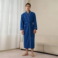 Navy blue waffle weave bathrobe for men featuring white piping and waist tie closure - M / Glazed Blue [Men]