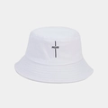 Detail of black PEACE embroidery and reinforced stitching on white cotton bucket hat - White