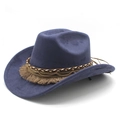 Detail of navy blue suede cowboy hat featuring woven band with gold chains and brown fringe - M (56-59cm) / Navy Blue