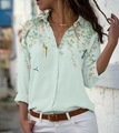 Camicia da donna verde menta a maniche lunghe con stampa floreale e uccelli - Taglia S / Top / Maniche lunghe / Verde