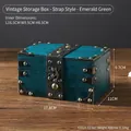 Emerald green vintage wooden storage box with antique bronze rivets and size dimensions - Vintage Storage Box - Leather Strap Version - Emerald Green