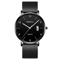 Reloj de cuarzo para hombre negro minimalista con correa de malla y calendario - Esfera Negra Agujas Plata Caja Negra Correa Negra