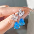 Blue pear-cut gemstone drop earrings with silver setting and zircon accents - Aquamarine Teardrop Earrings Led-91