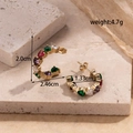 Golden C-shaped stainless steel earrings with colorful multi-stone heart zircons - Gold C-Shape Colorful Zirconia Heart Earrings