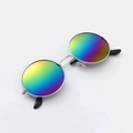 Macro view of round rainbow reflective lenses and silver metal frames of vintage sunglasses - Silver Frame Rainbow Lens