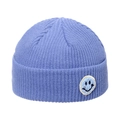 Light blue knit beanie hat with smiling face patch and ribbed winter warm texture - M(56-58cm) / Blue