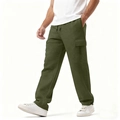 Men's olive green cargo sweatpants with drawstring waist and large side flap pockets - S / Army Green
