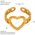 18k gold plated stainless steel heart open ring with a vintage Cuban chain band design - Heart Cuban Chain Style (SR423G)