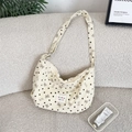 Detail of corduroy crossbody bag with heart bow pattern and adjustable shoulder strap - Off-white