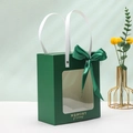 Dark green gift bag with transparent window, satin bow, and Memory Precious gold text - Kraft Paper Flat Handle + Ribbon / Small 14.5*8*16.5cm / Dark Green