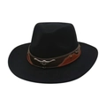 Close-up of black felt fedora hat with brown leather band and silver bull skull buckle - One Size / Black (Bull Head Patchwork)
