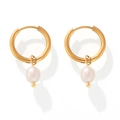 Macro shot of 18k gold plated hoop earrings with elegant white hanging pearls - F451-Gold Pink Freshwater Pearl