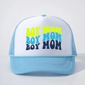 Detailed front view of BOY MOM printed logo on blue and white mesh trucker cap - One Size / Sky Blue White