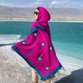 Poncho ethnique à capuche rose rouge avec motifs floraux et franges pour voyage d'hiver - LM314 Tournesol - Rose