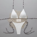 Platte weergave van witte bikiniset met roze luipaardprint strikbandjes op grijze basis - S / Wit