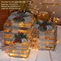 Three-piece set of silver mesh Christmas gift boxes with LED lights and pine cone decor - Type M/Silver Bow With Lights 3PCS Set
