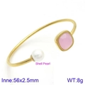 Gold-plated open bangle featuring a white shell pearl and a pink faceted square gemstone - Gold Pink Gemstone Style (KB123021-K)