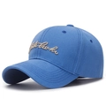 Sky blue cotton baseball cap featuring cursive beige embroidery and adjustable fit - Adjustable / Royal Blue
