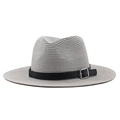 Cappello Panama in paglia grigia con cinturino in pelle nera e fibbia per protezione dal sole - Grigio / M (56-58cm)