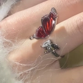 S925 sterling silver open ring with red butterfly gemstone and white stone accent - JZ0776-Red Gem Butterfly