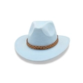 Light blue felt fedora hat with a brown geometric patterned band on a white background - One Size / Sky Blue (Gold Hexagon Band)